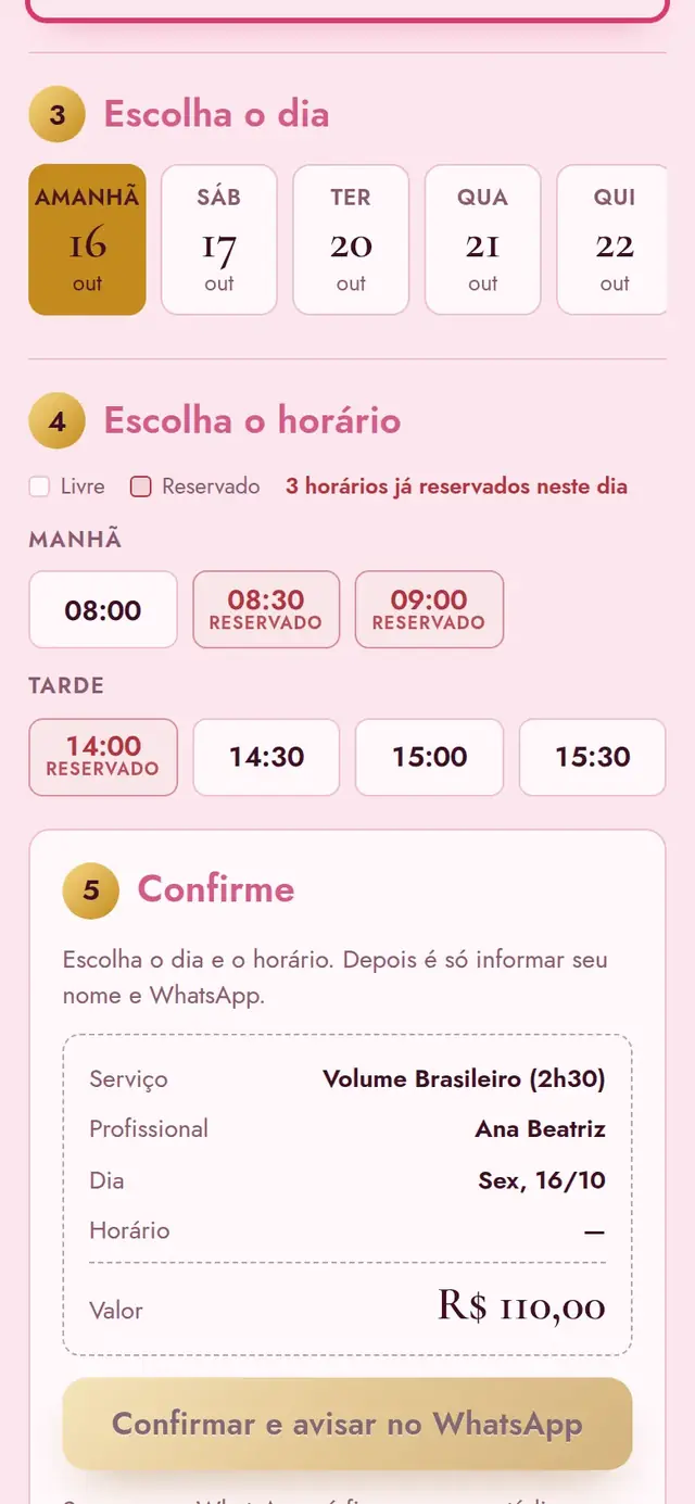 Site da demonstração: a escolha do dia e os horários livres da profissional