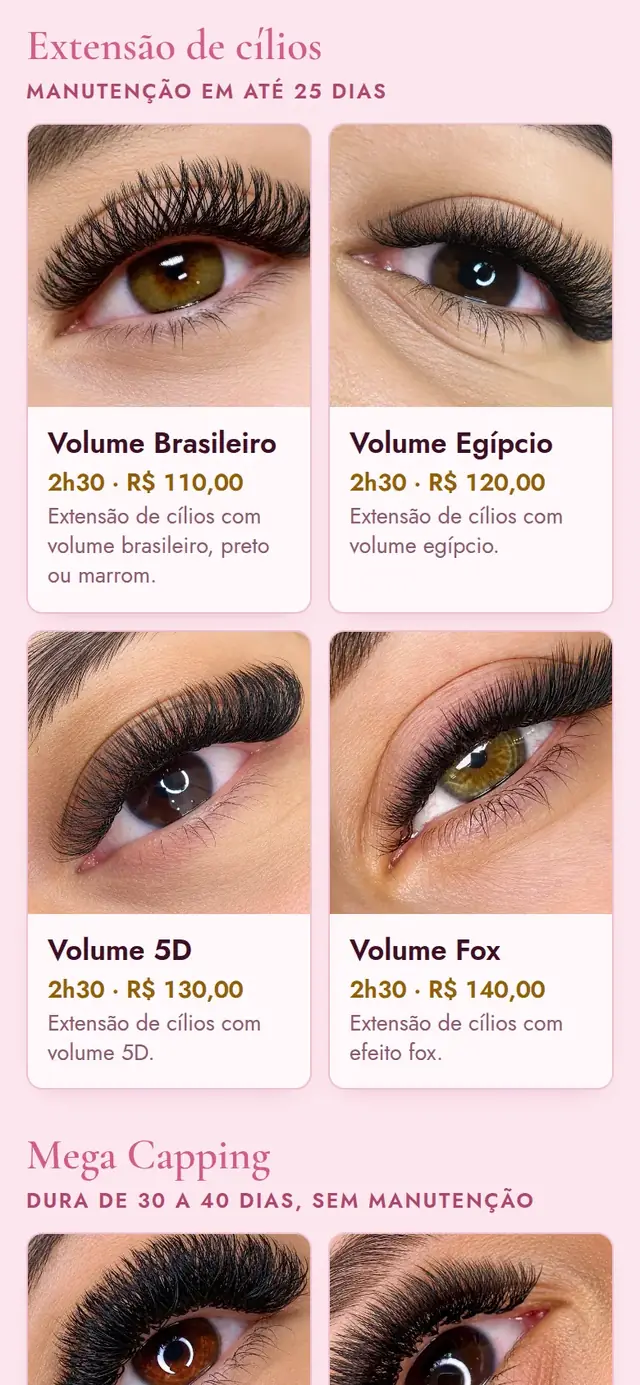 Site do Seu Estúdio, a demonstração: procedimentos de extensão de cílios com foto, preço e tempo, separados por tipo