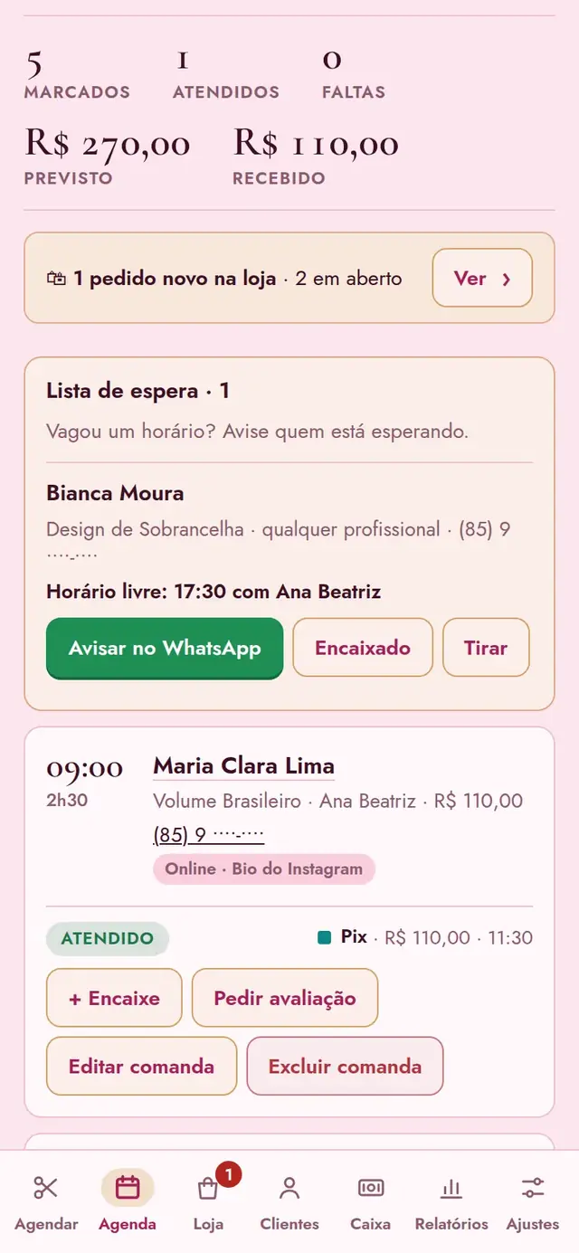 Painel, Agenda: os horários do dia com a cliente, o procedimento e o valor, e os números do dia