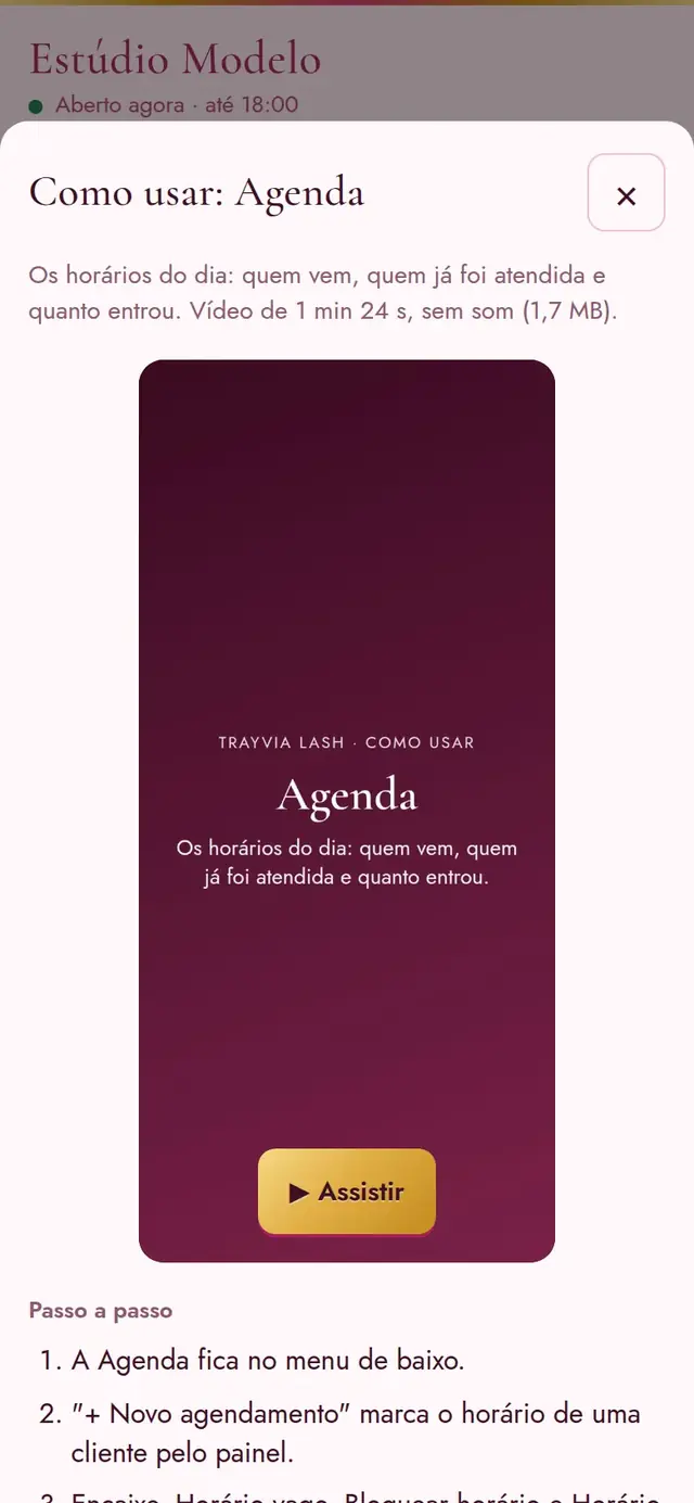 Painel: a janela “Como usar” com o vídeo da aba e o passo a passo escrito