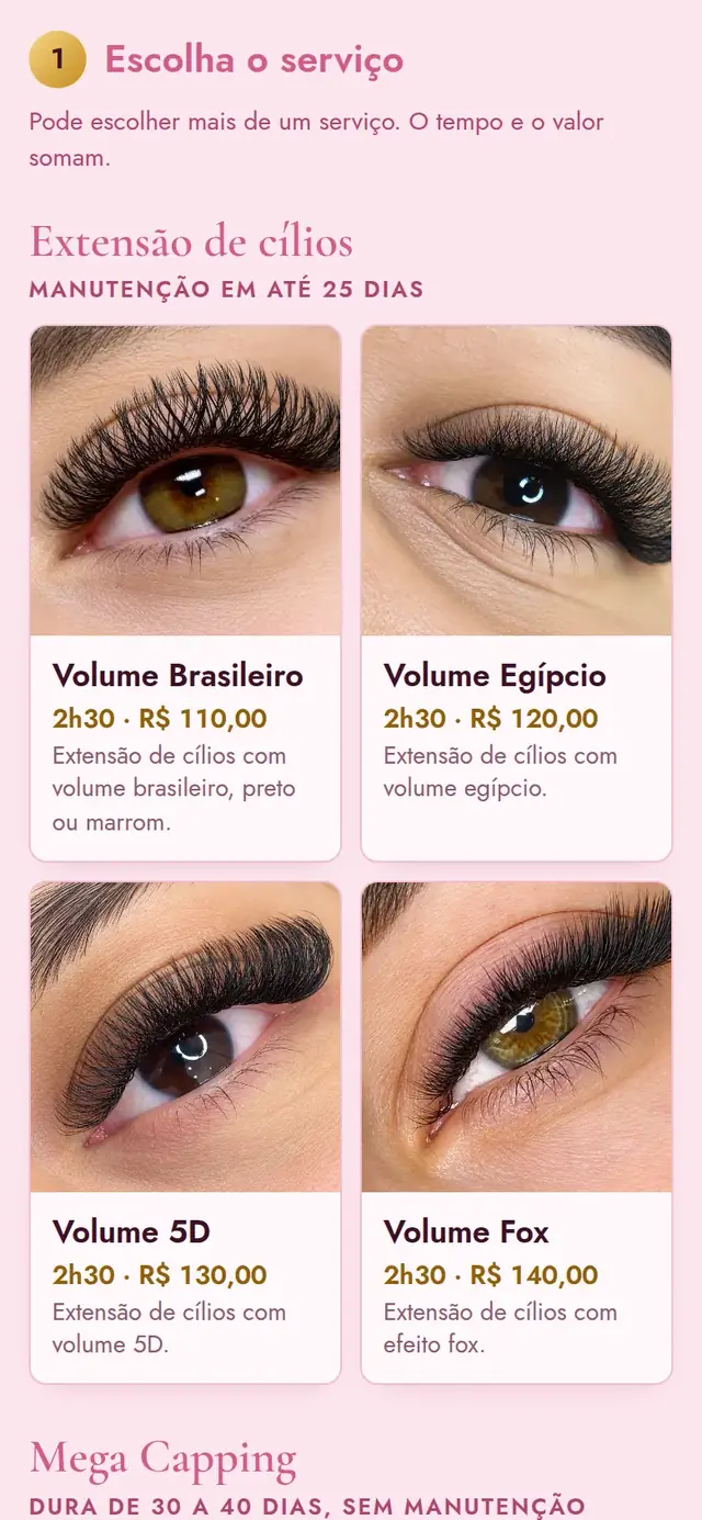 Site do estúdio da Gleiciane Cavalcante: os procedimentos com foto, preço e tempo